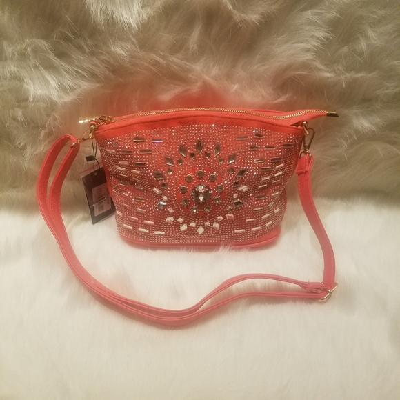 CORAL RHINESTONE CROSSBODY SLING - Picture 1 of 7